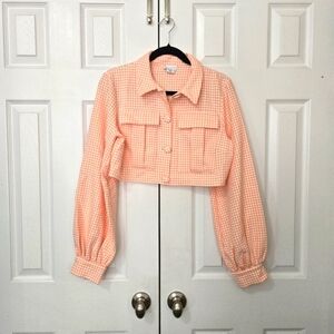 ASOS LUXE cropped blouson sleeve shirt in pink & white houndstooth